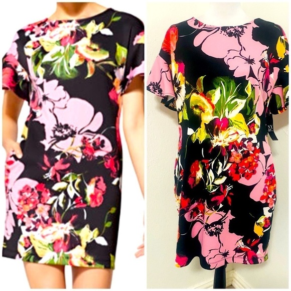 New York & Company Stretch Women Mini Floral Dress Size Medium with Pockets NWT - Picture 1 of 7